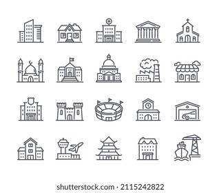 Simple set of icons with buildings in linear style. Stickers with church, mosque, house, factory and airport. Design elements for website. Cartoon flat vector collection isolated on white background