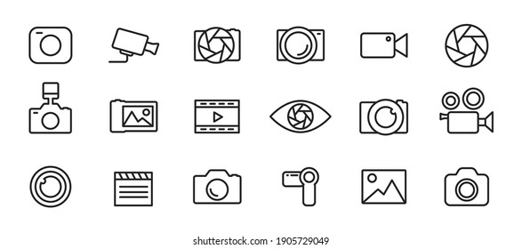 Simple set of icons of camcorders and photo cameras thin line style. Photography icons set. Security camera icon. Photo and video icons. Multimedia icon set. Vector illustration