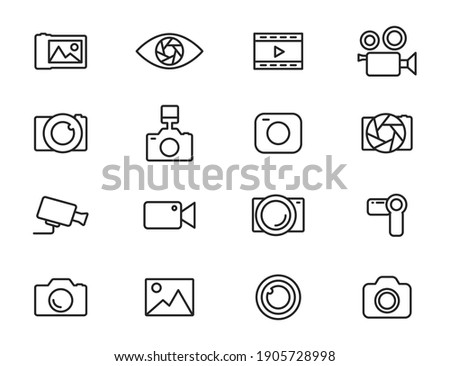 Simple set of icons of camcorders and photo cameras thin line style. Photography icons set. Security camera icon. Photo and video icons. Multimedia icon set. Vector illustration