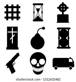 A simple set of icons for the designer: lattice, hourglass, tombstone, pistol, skull, ambulance, bomb.Vector