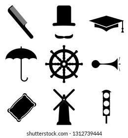 A simple set of icons for the designer:comb, hat, mustache, graduate cap, umbrella, steering wheel, horn, traffic light, pillow, mill.Vector