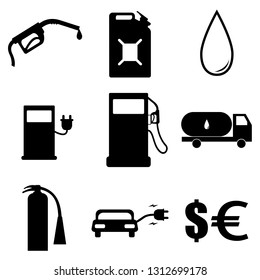 A simple set of icons for the designer:gas station, gasoline gun, drop, fuel truck, electric car, electric refueling, dollar, euro.Vector