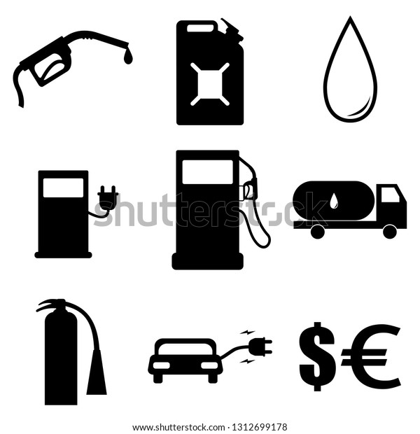 A simple set of icons for the designer:gas\
station, gasoline gun, drop, fuel truck, electric car, electric\
refueling, dollar,\
euro.Vector