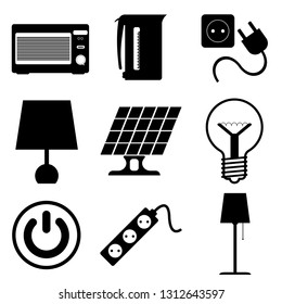 A simple set of icons for the designer:microwave, kettle, socket and plug, lamp, lampshade, solar panels, adapter, button on.Vector