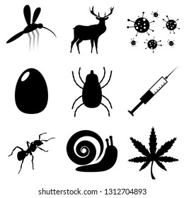 A simple set of icons for the designer:mosquito, deer, virus, egg, tick, syringe, ant, snail, hemp.Vector