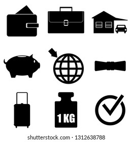 A Simple Set Of Icons For The Designer:purse, Briefcase, Bow Tie, House, Car, Piggy Bank, Land, Suitcase, Weights For Scales, Tick.Vector