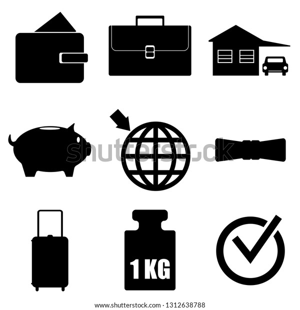 A simple set of icons for the designer:purse,\
briefcase, bow tie, house, car, piggy bank, land, suitcase, weights\
for scales, tick.Vector
