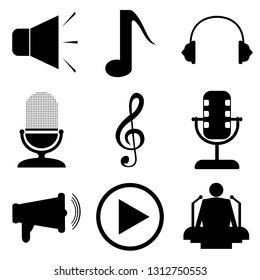 A simple set of icons for the designer:speaker, headphones, note, microphone, treble clef, speaker, performance, play.Vector