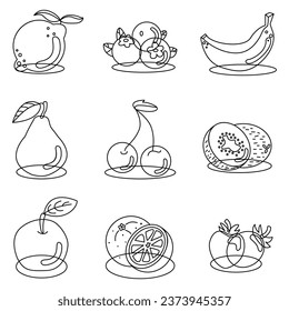 A simple set of icons with different fruits. Contains such icons as lemon, blueberry, bananas and others. Vector image.