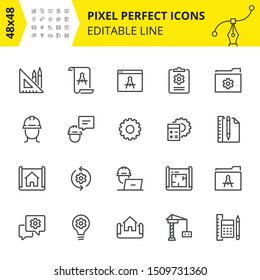 Simple set of icons for engineering processes as well as design and analysis, which includes icons for technical drawings and constructional drafting. 48x48 Pixel perfect symbol, editable line.