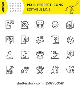 Simple set of icons for engineering processes as well as design and analysis, which includes icons for technical drawings and constructional drafting. 48x48 Pixel perfect symbol, editable line.