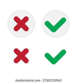 Simple set of icons expressing agreement and disagreement for yes and no decision making. Approval and disapproval mockup design template. Green checkmark and red cross symbol inside gray circle. Tick mark and X sign isolated on a white background, vector illustration EPS 10.

