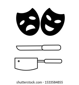 A simple set of icons with funny and sad mask, a cleaver and a knife