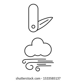 A simple set of icons with a Hiking knife, cloud and wind