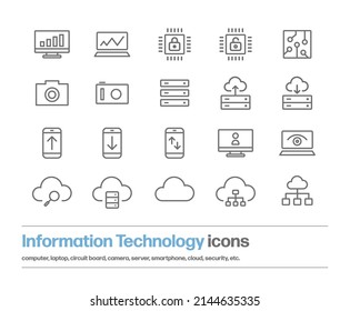 A simple set of icons for internet technology. Illustrations of images related to business and the Internet such as computers, boards, security, cameras, clouds, and servers.