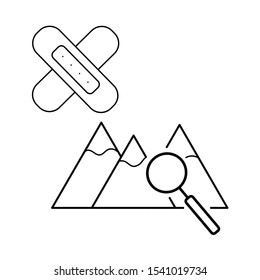 A simple set of icons with medical tape and a magnifying glass and mountains