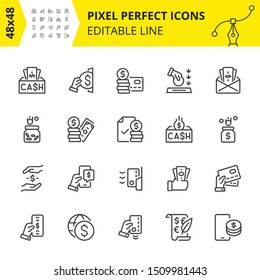 Simple set of icons for money transactions, remittance, securities, bank deposits, ATM cash withdrawal, procedures for the financial protection and savings, credit card use. Pixel perfect symbol.