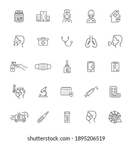 Simple set of icons on coronavirus theme in thin line style. Coronavirus protection, symptoms, treatment, prevention. Virology outline iconset. Vector illustration