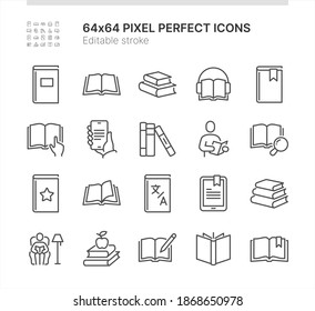 Simple Set of Icons Related to Books. Contains such icons as Reading Man, Opened Book, Dictionary and more. Lined Style. 64x64 Pixel Perfect. Editable Stroke.