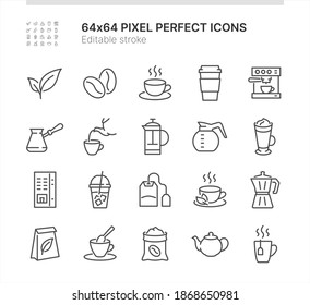 Einfache Auswahl an Symbolen für Kaffee und Tee. Enthält solche Symbole wie Fresh Press, Cup, Latte und mehr. Lined Style. 64x64 Pixel perfekt. Bearbeitbarer Stroke.