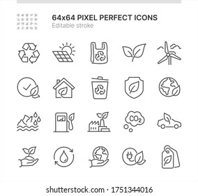 Simple Set of Icons Related to Ecology. Contains such icons as Green Energy, Recycling, Ecology Friendly Production and more. Lined Style. 64x64 Pixel Perfect. Editable Stroke.