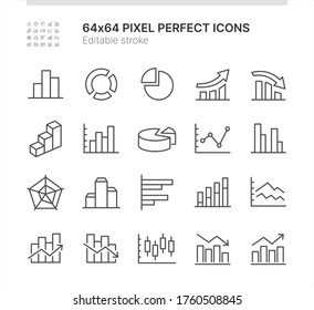 Simple Set of Icons Related to Graph. Contains such icons as Pie Chart, Candle Stick Chart, Increase - Decrease and more. Lined Style. 64x64 Pixel Perfect. Editable Stroke.