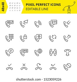 Simple set of icons related for handset services. Collection of phone technology outline symbols. Contains icons as handset, support, keyboard, sms etc. Pixel Perfect. Editable Stroke. Vector-vector.