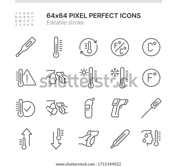 温度に関連する簡単なアイコンセット 体温チェック 温度計 熱 冷熱などのアイコンが含まれます 線付きスタイル 64 のベクター画像素材 ロイヤリティフリー