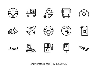 A simple set of icons related to the vector line technique. Contains icons such as: car, truck, plane, steering wheel, gas station, signs, and more. Editable Stroke. 48x48 pixels is perfect.