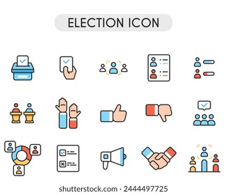 Simple set of icons related to voting. Includes ballot boxes, voting hands, candidates, policies, approval ratings, discussions, positive voting, negative voting, ballot papers, campaigns, and more.