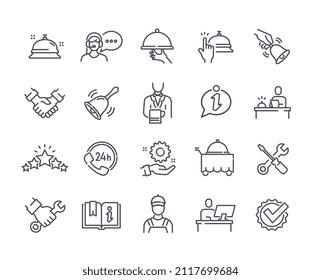 Conjunto simple de iconos con servicio y mantenimiento. Pegatinas con camarero, operador de línea directa, constructor y clasificación. Elementos de diseño para el sitio web. Colección vectorial plana de dibujos animados aislada en fondo blanco