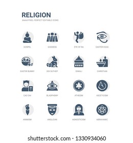 simple set of icons such as abrahamic, agnosticism, anglican, animism, asceticism, atheism, blasphemy, cao dai, christian, diwali. related religion icons collection. editable 64x64 pixel perfect.