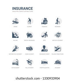 simple set of icons such as accident, hospitalization, fall accident, car accident, falling from stairs, insurance agent, hand motorcycle becycle bite. related insurance icons collection. editable