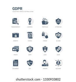 simple set of icons such as account, person, key, document, gear, lock, gdpr, photo, id card, finger. related gdpr icons collection. editable 64x64 pixel perfect.