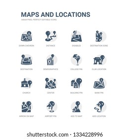 simple set of icons such as add location, add to map, airport pin, arrow on map, bank pin, building pin, center, church, club location, college related maps and locations icons collection. editable