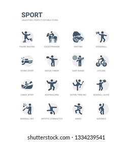 simple set of icons such as aerobics, aikido, artistic gymnastics, baseball bat, baseball glove, baton twirling, bodybuilding, canoe sport, cycling, dart board. related sport icons collection.
