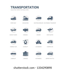 simple set of icons such as airport shuttle, automobile, caboose, cabriolet, camper car, catamaran, chairlift, compact car, crop duster, cruiser. related transportation icons collection. editable