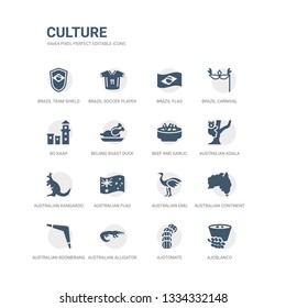 simple set of icons such as ajoblanco, ajotomate, australian alligator, australian boomerang, australian continent, emu, flag, kangaroo, koala, beef and garlic. related culture icons collection.
