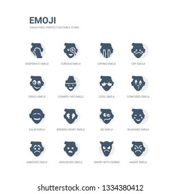 simple set of icons such as angry emoji, angry with horns emoji, anguished emoji, annoyed blushing bo broken heart calm confused cool related icons collection. editable 64x64 pixel perfect.