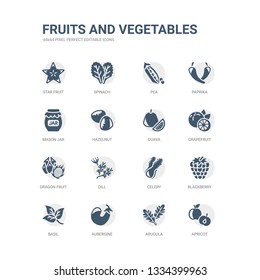 simple set of icons such as apricot, arugula, aubergine, basil, blackberry, celery, dill, dragon fruit, grapefruit, guava. related fruits and vegetables icons collection. editable 64x64 pixel