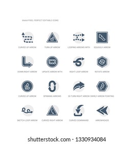simple set of icons such as arrowheads, curved downward arrow, curved right arrow, sketch loop arrow, swirly pointing upwards, 3d turn right spinning arrows, curved up rotate right loop related ui