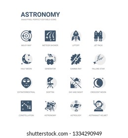 simple set of icons such as astranaut helmet, astrology, astronomy, constellation, crescent moon, day and night, dioptra, extraterrestrial, falling star, gamma ray. related astronomy icons