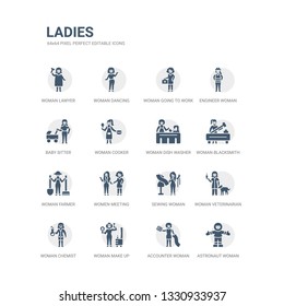 simple set of icons such as astronaut woman, accounter woman, woman make up, chemist, veterinarian, sewing women meeting, farmer, blacksmith, dish washer. related ladies icons collection. editable