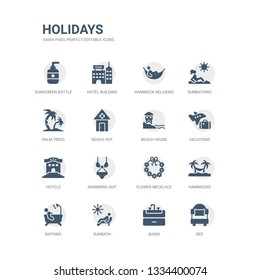 simple set of icons such as bed, basin, sunbath, bathing, hammocks, flower necklace, swimming suit, hotels, vacations, beach house. related holidays icons collection. editable 64x64 pixel perfect.