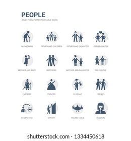 simple set of icons such as bedouin, round table, effort, ecosystem, friends, elegant, princes, empress, old couple, mother and daughter. related people icons collection. editable 64x64 pixel
