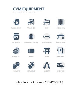 simple set of icons such as bench press, hand grip, kettlebells, gym gloves, pull up bar, trellis, barrels, medicine ball, vaulting horse, strandpulling. related gym equipment icons collection.