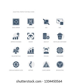 simple set of icons such as bifurcation, curve arrow, detour, circular arrow clock, worldgrid, psychic, incentive, solar recycle, recycling container, back up. related ui icons collection. editable
