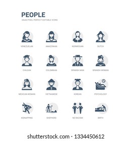 simple set of icons such as birth, no racism, shepherd, kidnapping, psychology, korean, vietnamese, mexican woman, spanish woman, spanish man. related people icons collection. editable 64x64 pixel