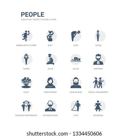 simple set of icons such as bohemian, cape, bussiness man, business partnership, sexual harassment, muslim man, arab woman, salat, emperor, sujud. related people icons collection. editable 64x64