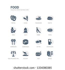 simple set of icons such as boiler, slot, butcher, scale balanced tool, water glass, butter, hamburguer, jawbreaker, pasta, kebab. related food icons collection. editable 64x64 pixel perfect.